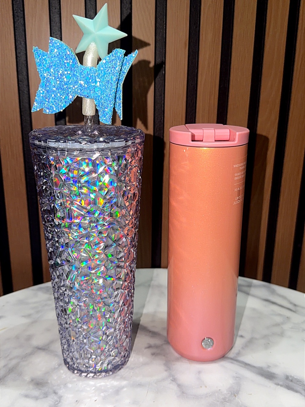 Holographic Glitter Tumbler & Peach Pink Travel Mug Set